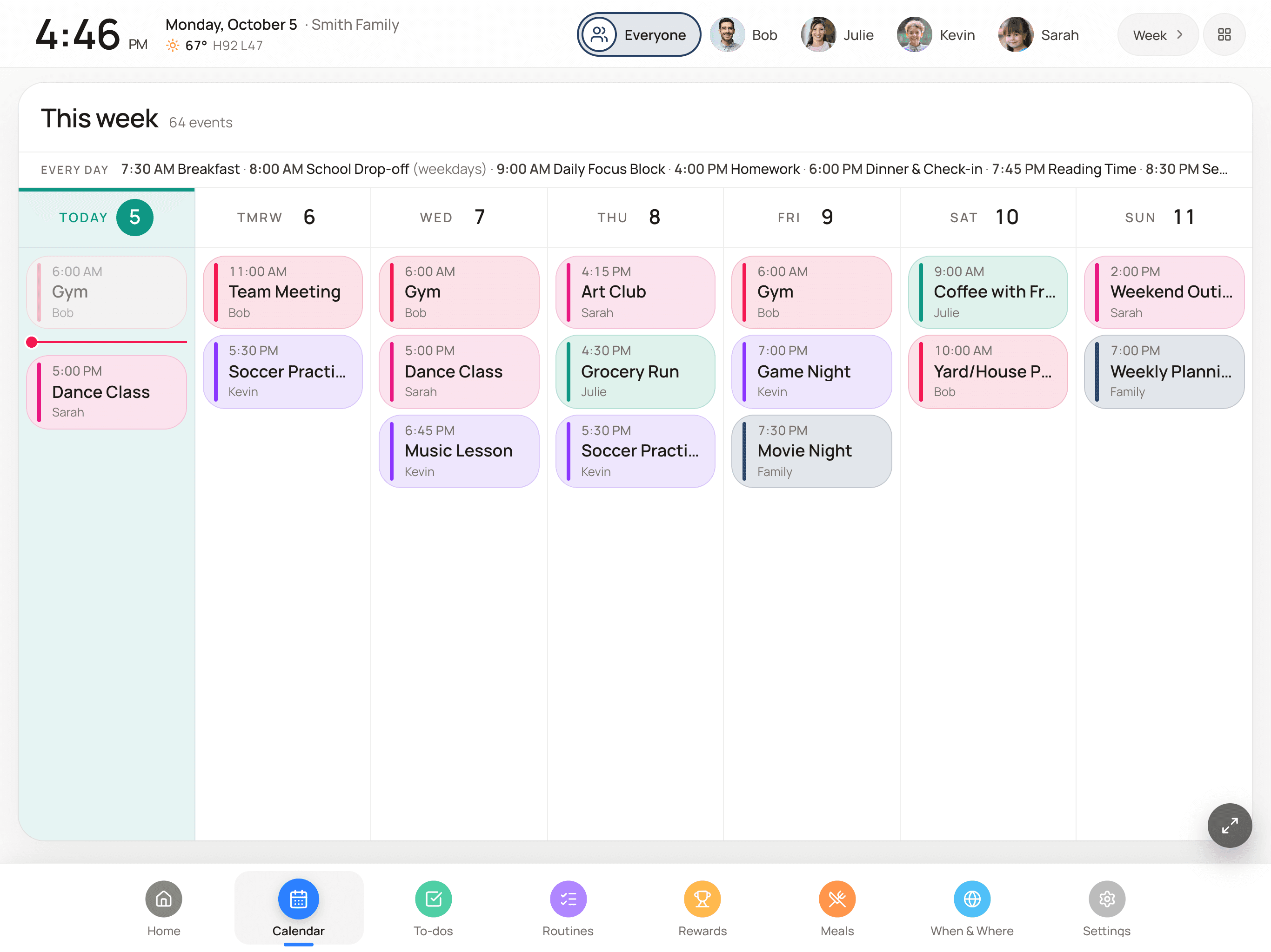 Week view with each family member's events in their own color