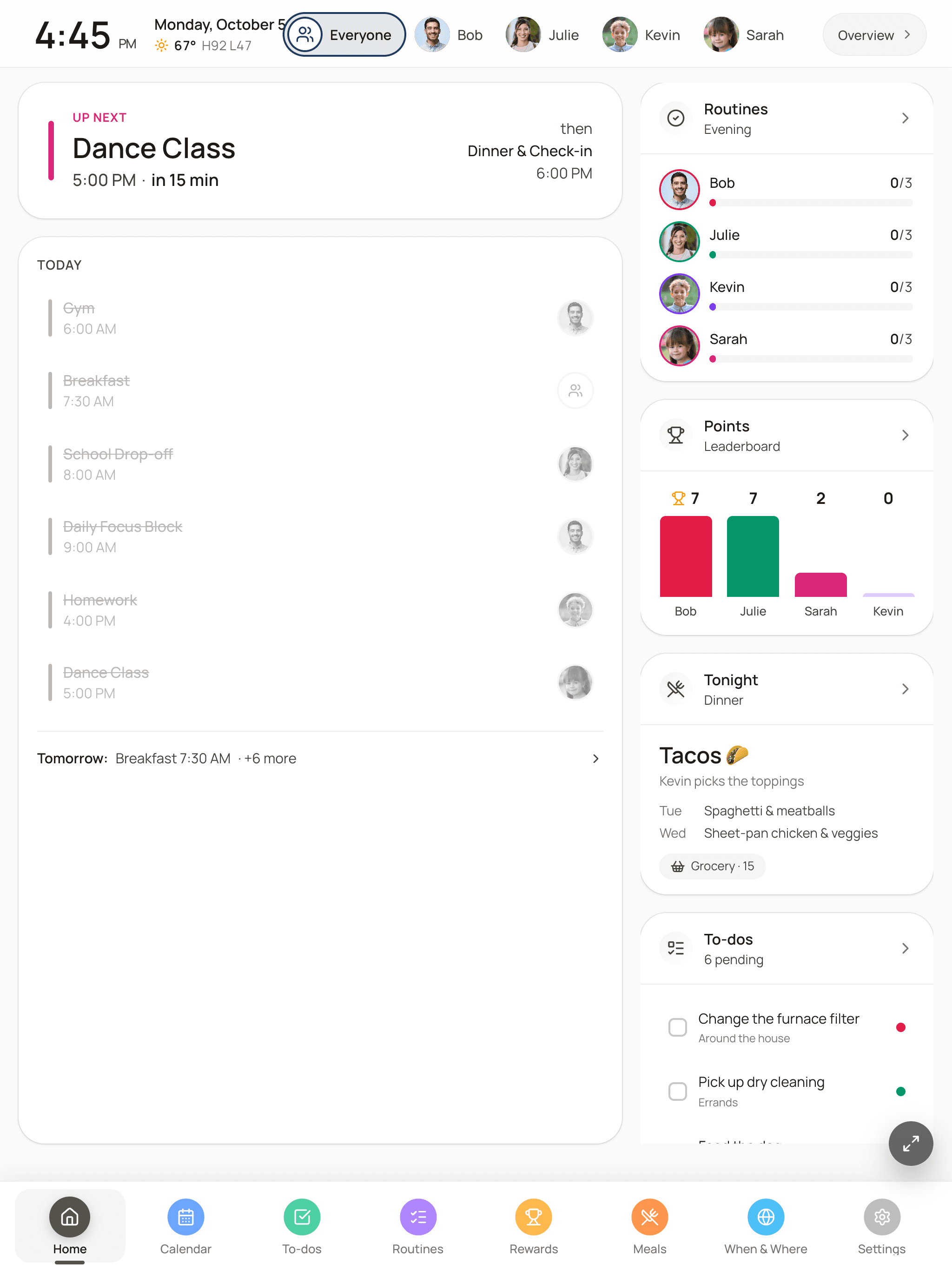 FamDisplay home screen on a portrait tablet: what's next, today's schedule, routines, points, tonight's dinner and to-dos for a family of four