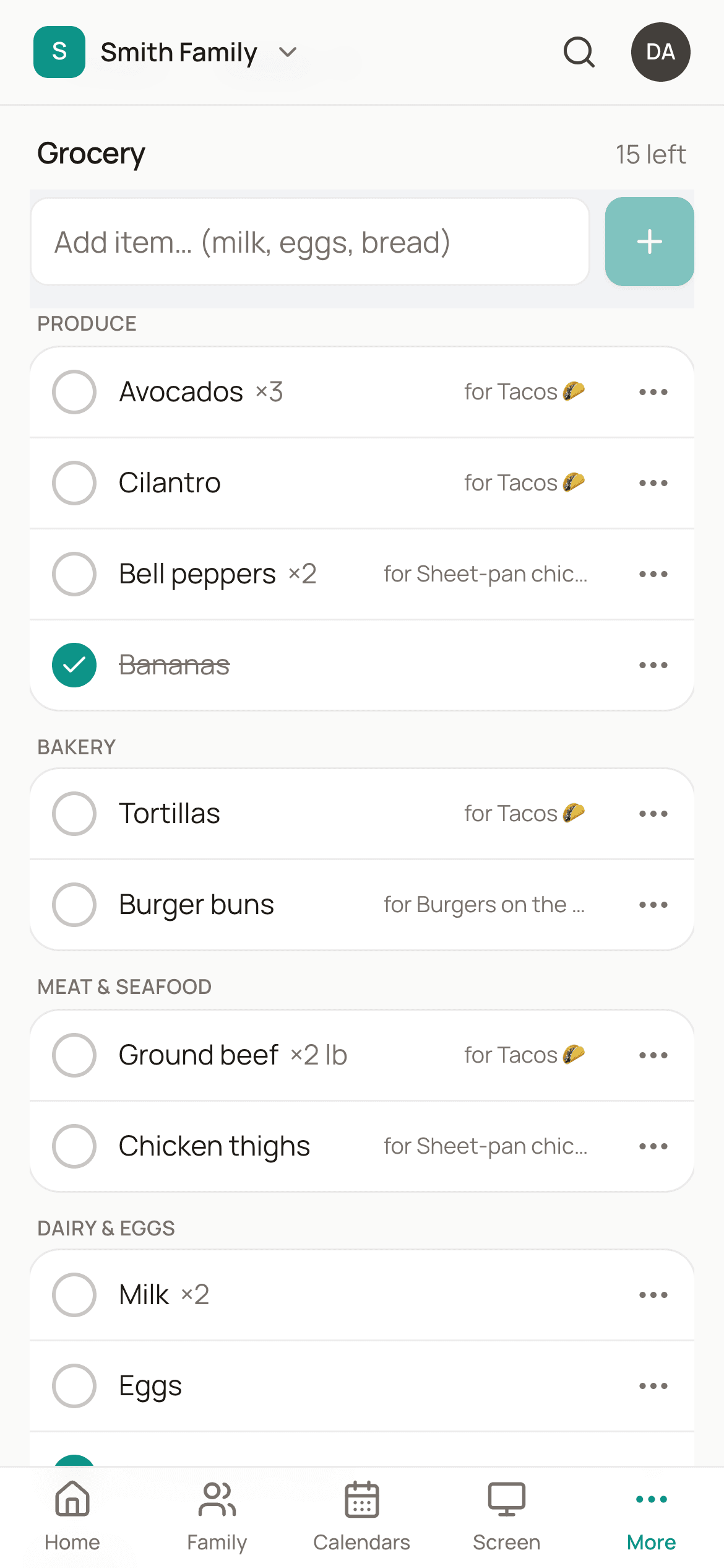 The grocery list on a phone, sorted into produce, bakery, meat and dairy aisles