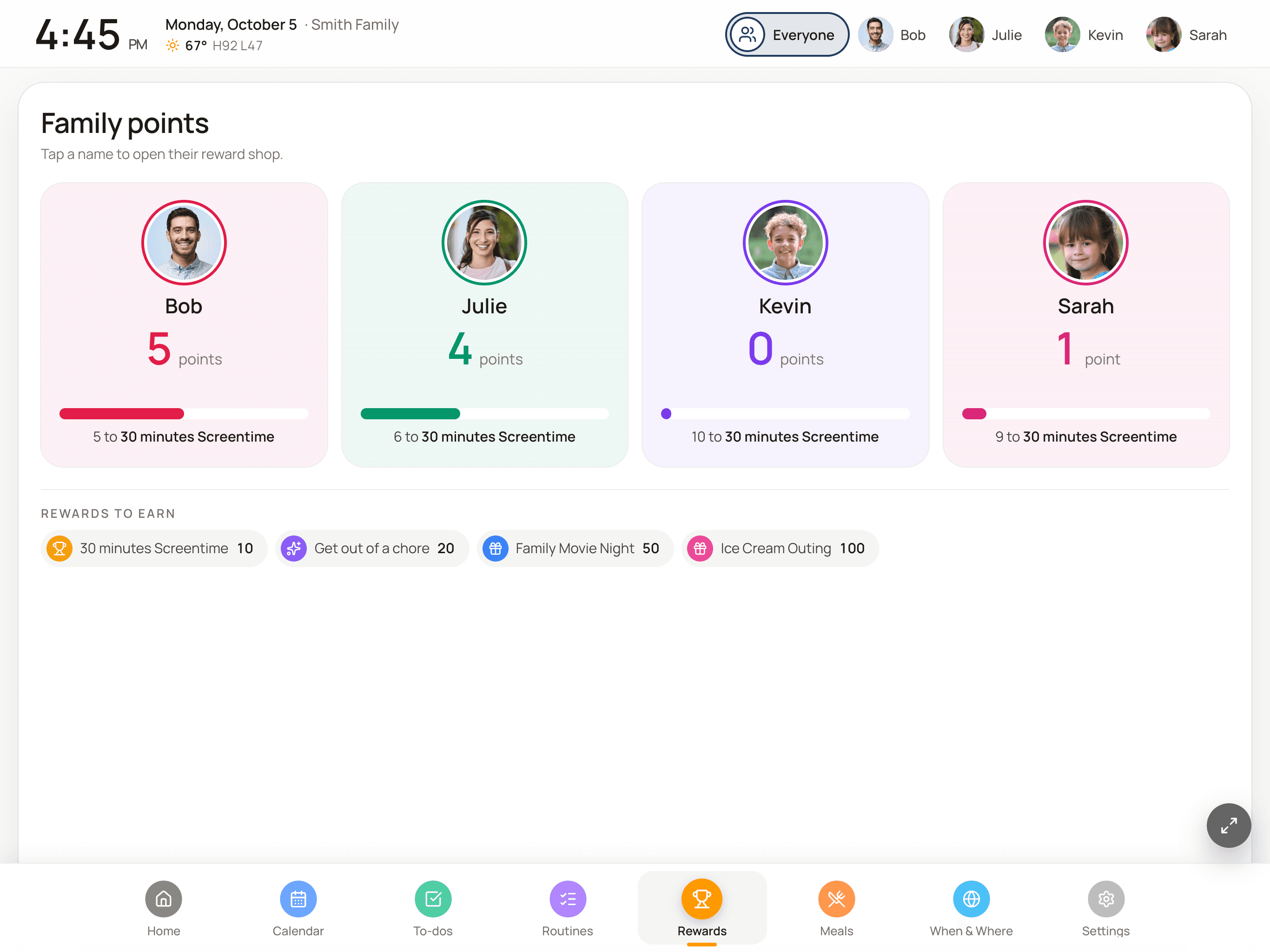 Family points screen: each person's point total and progress toward a reward, with rewards to earn like 30 minutes of screen time and family movie night