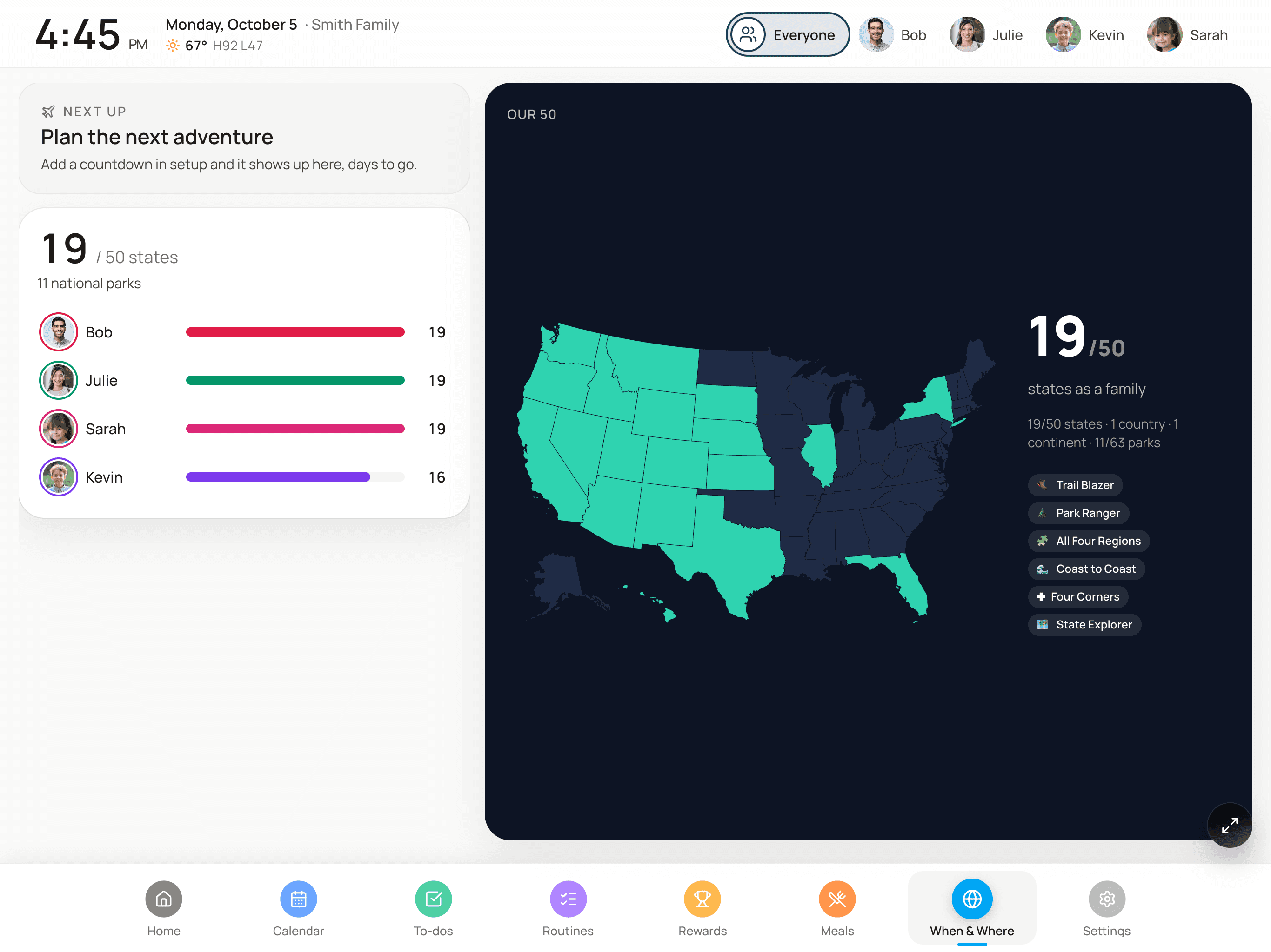 Map of the states a family has visited with a per-person scoreboard